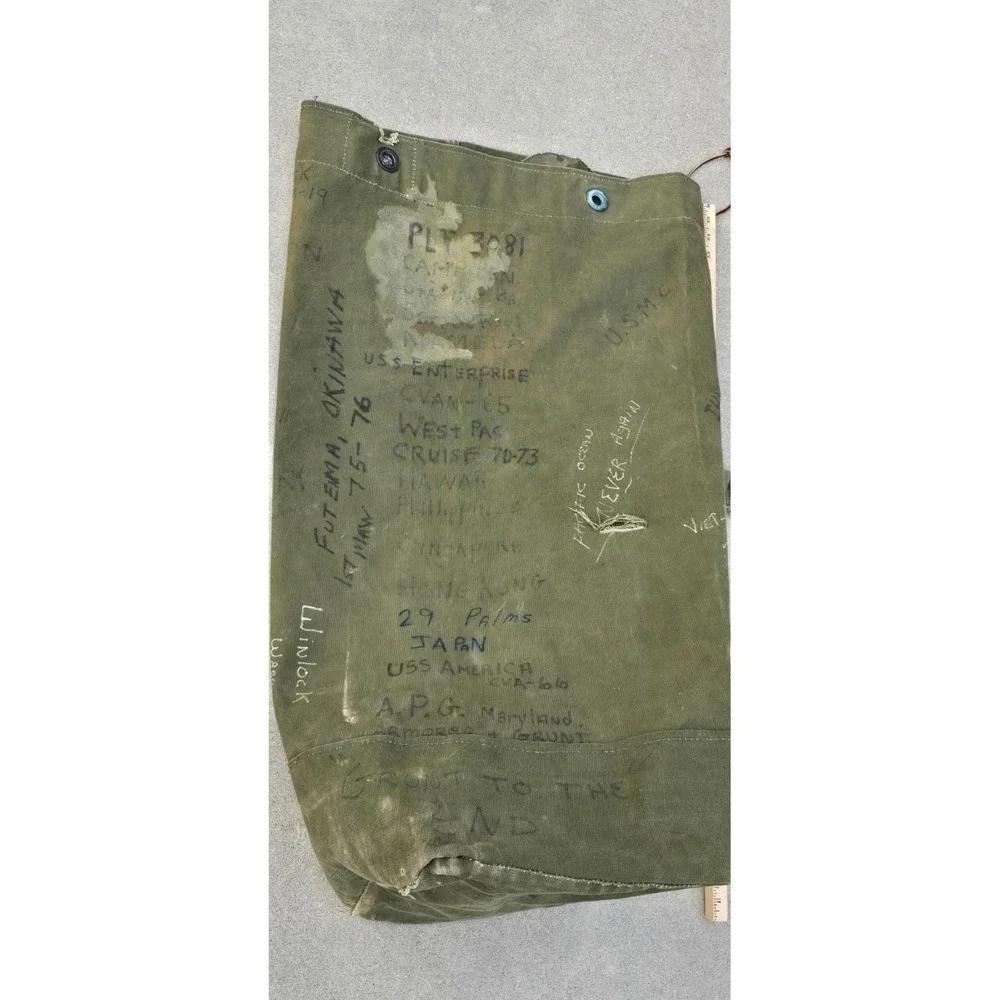 VTG Vietnam War USMC Type I Canvas Duffel Bag Trench Art Sea Bag USS Enterprise